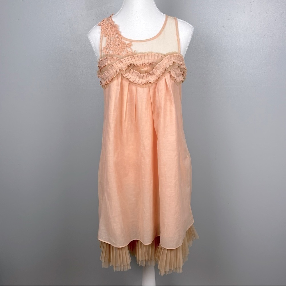 Ryu Anthropologie peach cotton silk yoke dress w/sheer & appliquΓ© trim, small.